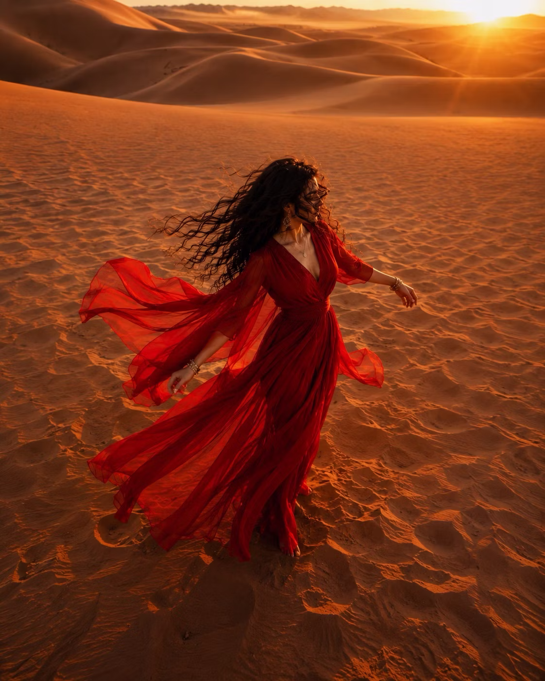 Leila walking across sunlit Moroccan dunes in a flowing red dress