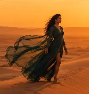 Detail view of Leila's red dress moving through the desert wind
