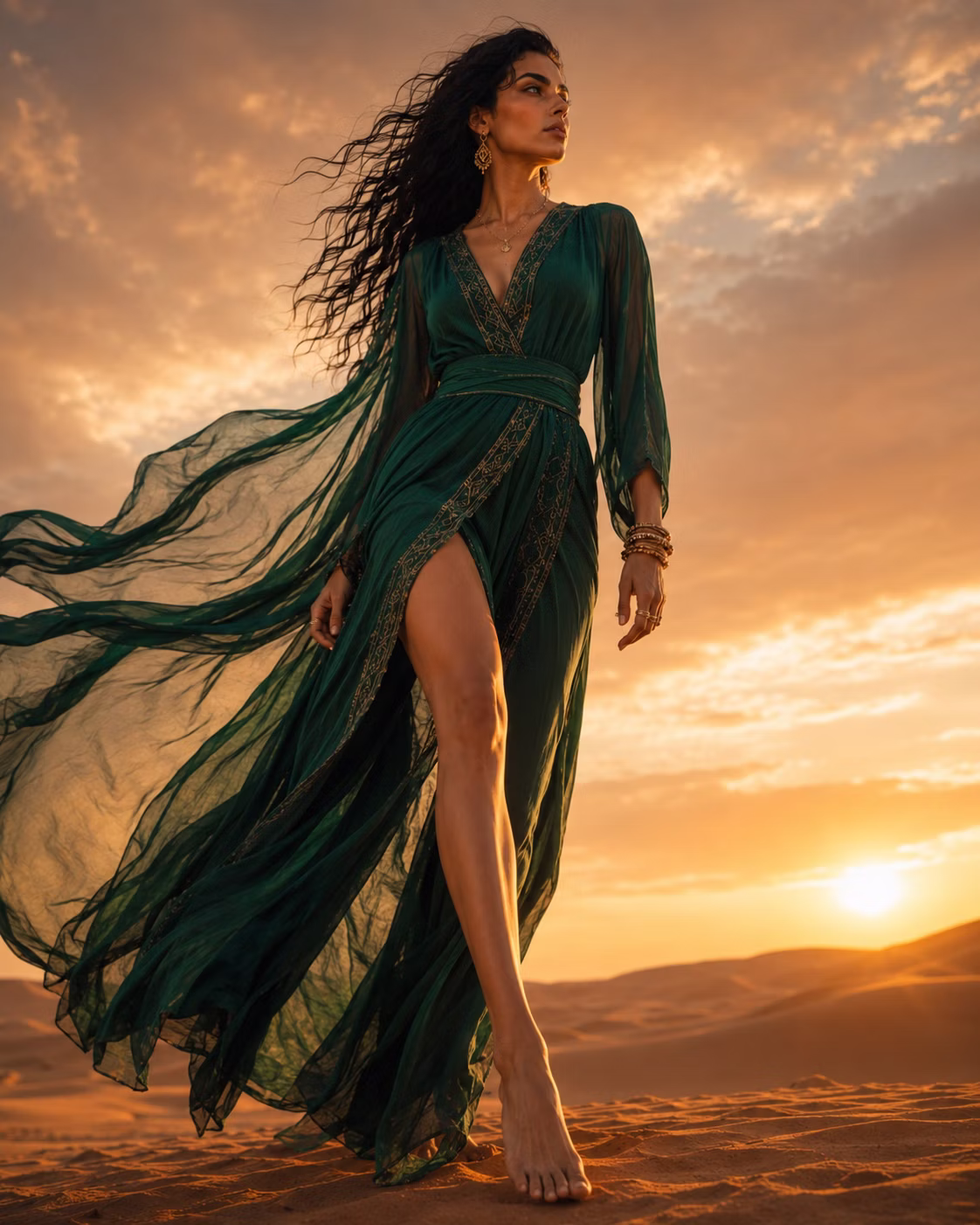 Leila walking along a distant dune in an emerald green dress at sunset